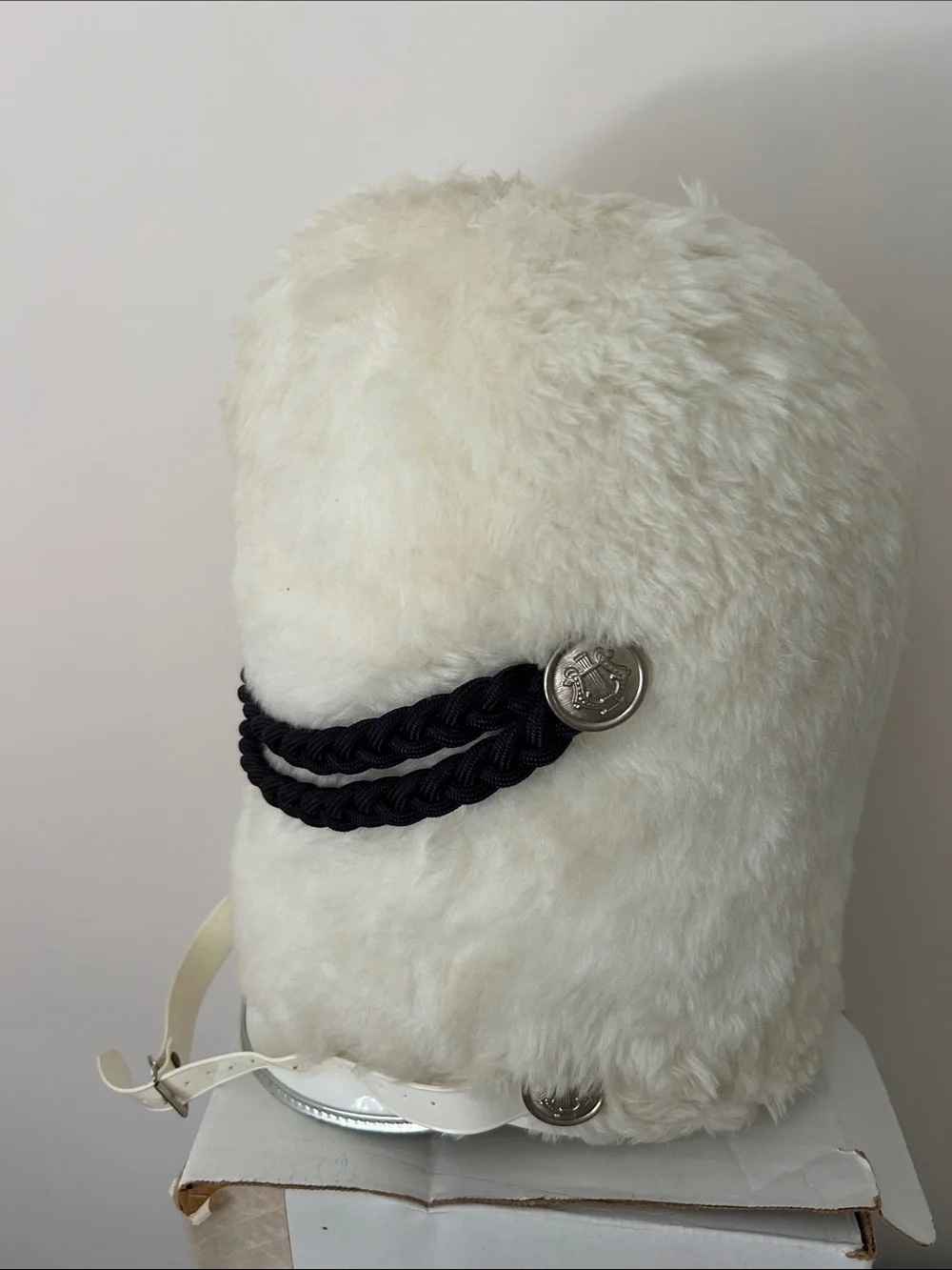 White Faux Fur Pom-Pom Hat with Black Braid Detail